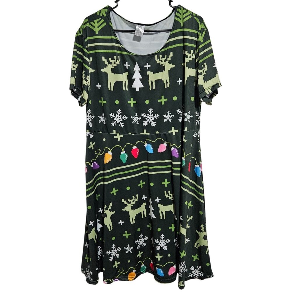 Christmas Holiday Dress Womens Plus Size 4XL Green Reindeer Snowflakes Pattern